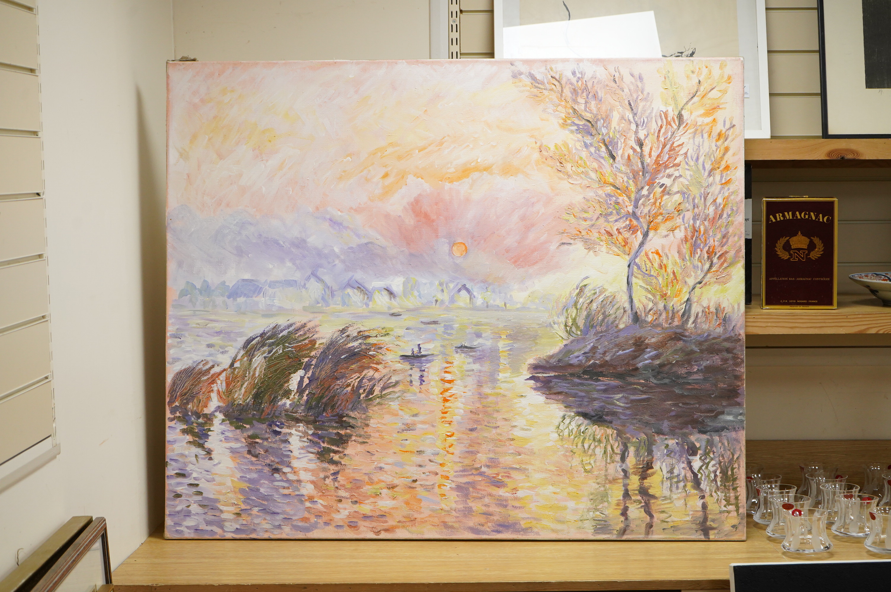 Swedish School, Abstract riverscape, indistinctly signed verso Ida K...., dated '88, oil on canvas, unframed, 100 x 120cm